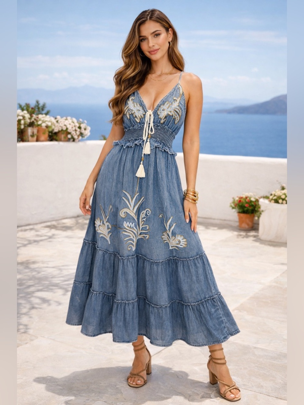 NWT BEAUTIFUL Embroidered Denim Maxi Dress with Beading & Sequin Accent Detail